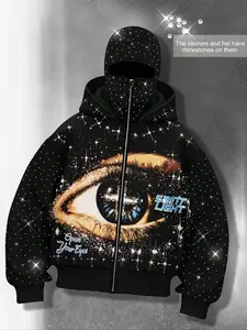 Eye print two hats zipper cardigan men's hoodie, Graphic hoodies, sleeve hat hot rhinestone, sparkling starry sky unisex hoodie European and American street jacket, autumn and winter plus velvet hoodie Instagram style