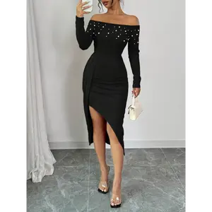 Elegant Off-Shoulder Long Sleeve Dress with Thigh-High Slit, Slim Fit, Black with White Dot Accents, Polyester Blend, Perfect for Casual or Evening Wear, Party Dress | Offshoulder Dress | Nolining Dress, Cute Dress Collar Fabric Formal Spandex