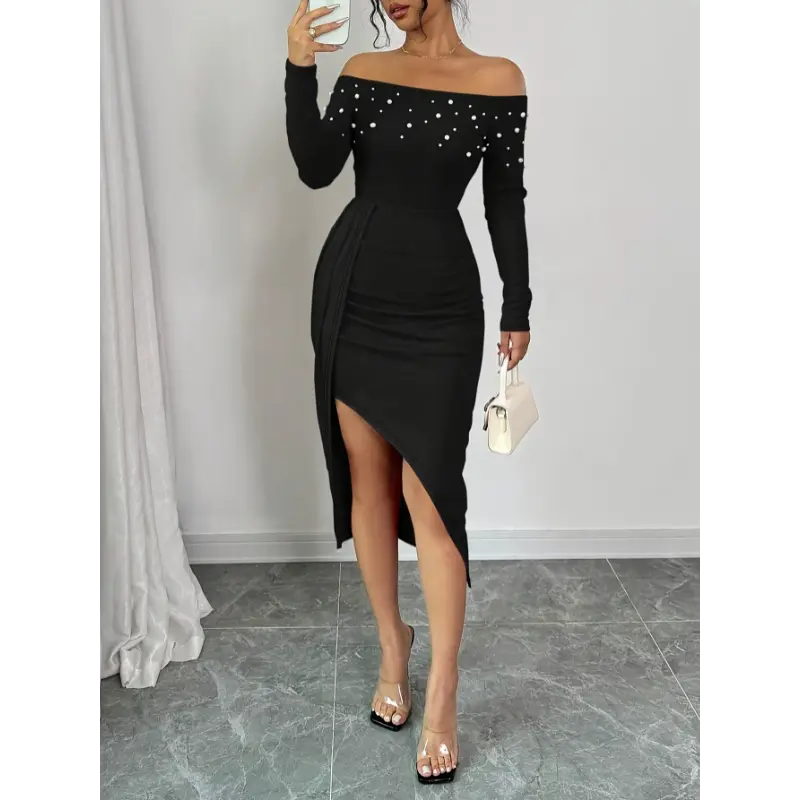 Elegant Off-Shoulder Long Sleeve Dress with Thigh-High Slit, Slim Fit, Black with White Dot Elegant Off-Shoulder Long Sleeve Dress with Thigh-High Slit, Slim Fit, Black with White Dot