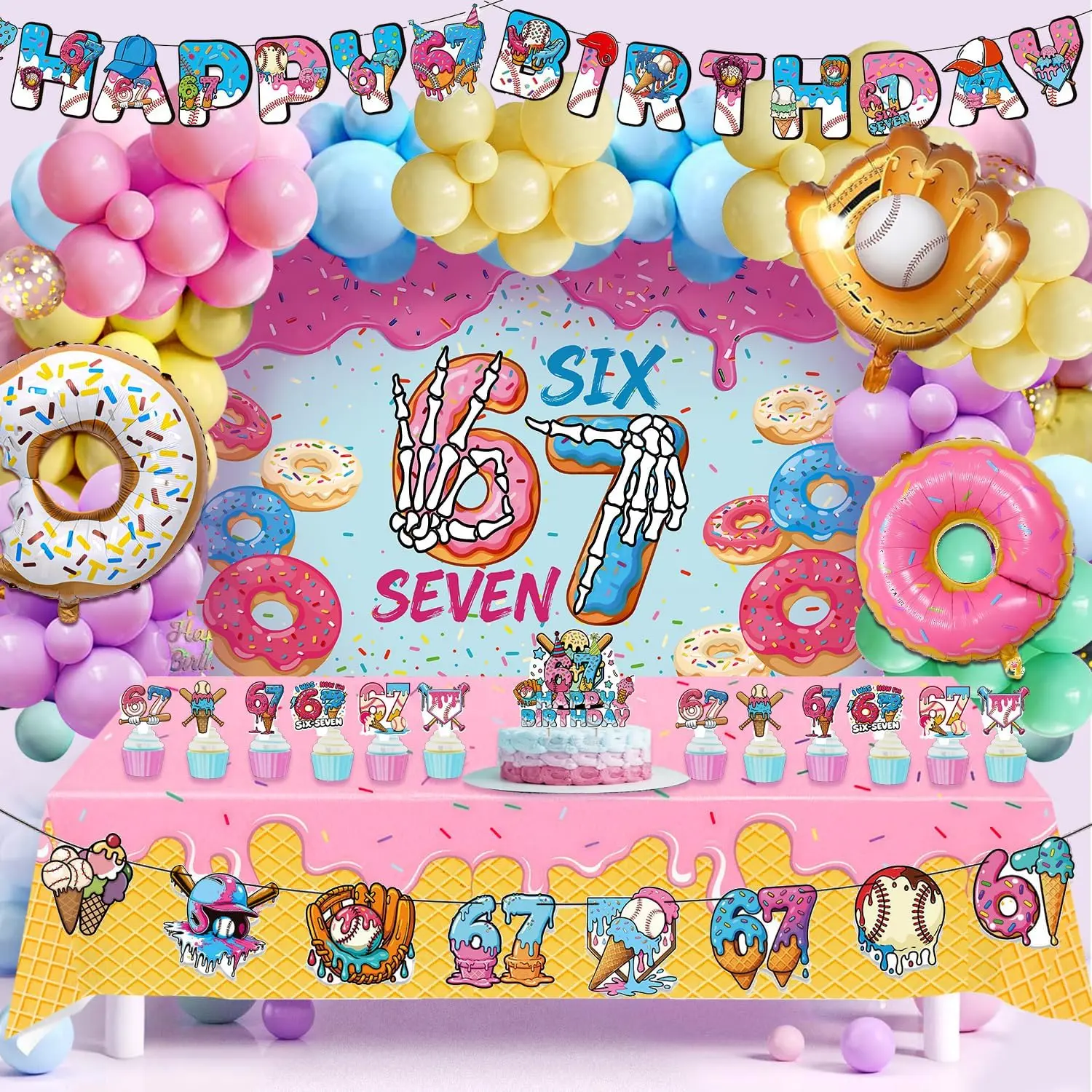 6 & 7 Birthday Decorations Party Supplies Set, Six Seven Birthday Theme Balloons, Backdrop Banner, Cake & Cupcake Toppers, Kids Birthday Party Decor Kit