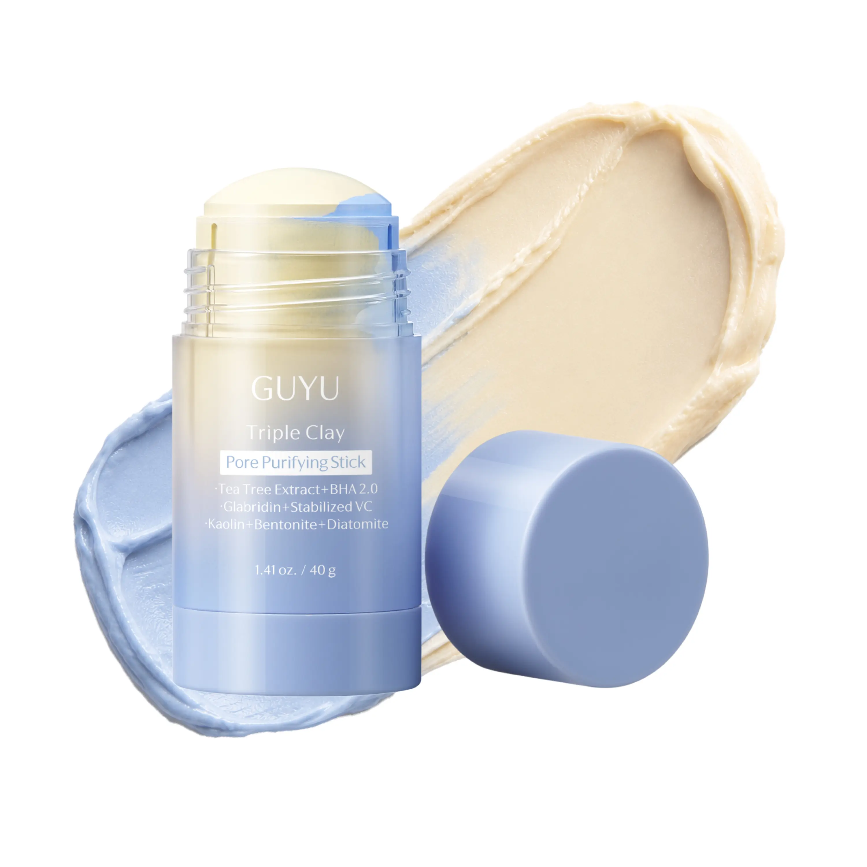 GUYU Triple Clay Mask Stick - Deep Cleansing, Oil Control, Pore Refining, Blackhead Remover, Blemish Care, Redness Relief, Brightening, Kaolin Clay, Bentonite Clay, Tea Tree Oil, Sensitive Skin Friendly, T-Zone Care, Mud Mask 1.41 Oz