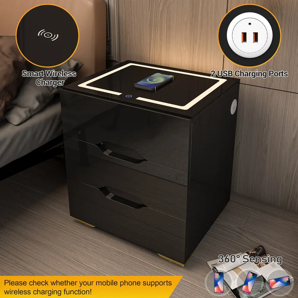 Modern 3-Drawer Sturdy Wood MDF Board Nightstand - Glossy Front, Matte Sides, Wireless Charging Station, 2 USB Ports, 3-Color Dimmable Adjustable Brightness Embedded LED Light Strip, Bedroom Furniture, Modern Accent Side Tables