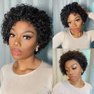Human Hair Short Afro Curly Wig Water Wave Lace Front Human Hair Wig Put On And Go Natural Color