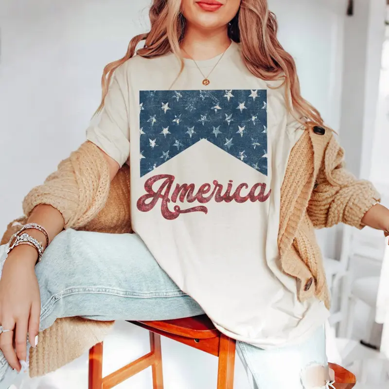 Oversized Patriotic Shortsleeve T-shirt for Lady with Retro America Star Flag Graphic, Comfortable Everyday Wear for 4th of July, Casual, Women, Birthday, Sweatpants, Streetwear