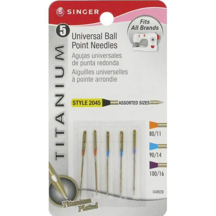 Singer 5pk Titanium Universal Assorted Sizes Style 2045 Ball Point Sewing Machine Needles 4809