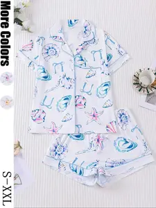 Women's Bow Print Pajama Set, Short Sleeve Shirt Collar Button Soft Top & Elastic Shorts, Casual Home Wear Sleepwear