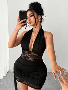 Plus Size Halter Deep V Lace Dress, Fitted Party Date Dress, Summer, Nightclub, Birthday, Sexy Fashion