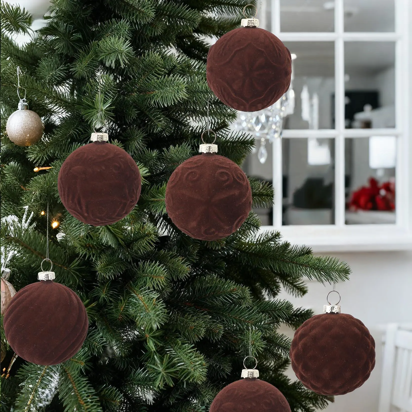 25 Pcs Flocked Christmas Ball Ornaments, Brown Xmas Balls | 2.36 Inch soft flocked shatterproof ornaments add vintage winter charm to Christmas trees, holiday parties, and home decor
