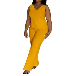 Sexy Plus Size 2 Piece Pants Set for Women Summervibes' Lounge Sleeveless V Neck Top Long Wide Leg Pants for Date Night Summer Outfit Four-Season Suit