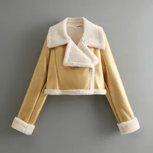 New Women's Double-Sided Collar Motorcycle Jacket Thick Pure Cotton Zipper Closure Short Length Contrasting Colors for Autumn Winter