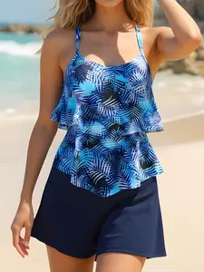 Women's Fashion Tankini Swimsuit, Stylish Two-Piece Swimwear, Comfortable Beachwear, Perfect for Pool Parties and Vacations, Leaf Print Tankini