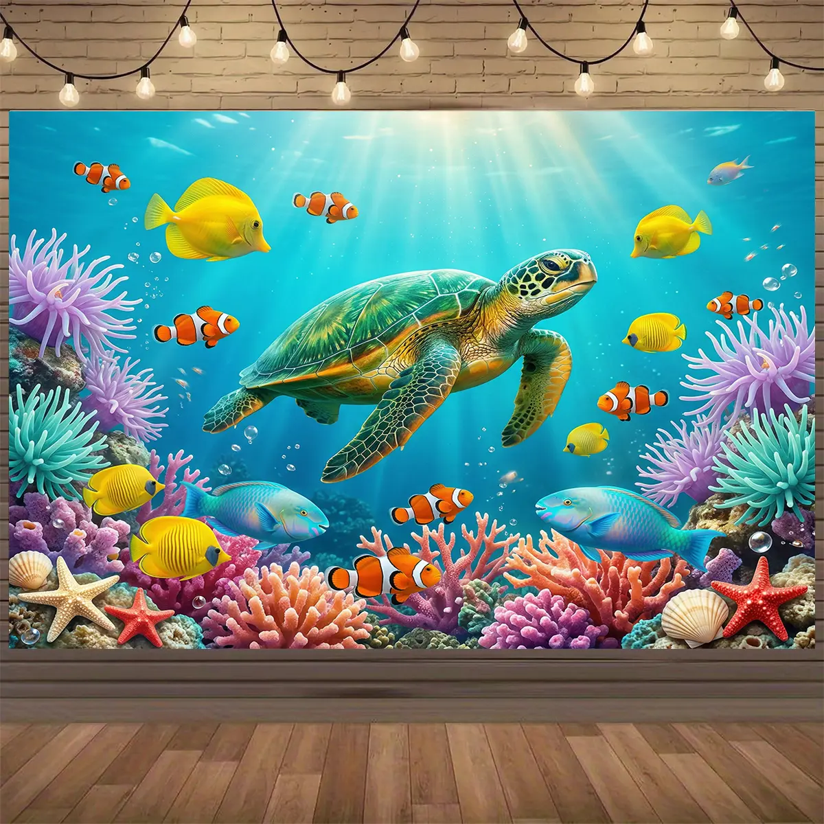 Polyester Marine Life Photography Backdrop - Lightweight Hanging Kit with Sea Turtle, Fish, Coral, Seabed Scene Banner for Wedding, Party, Summer Festive Home Decor, Room