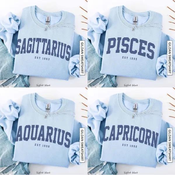 (Leave A Note or DM to Shop) (Ver 3) Custom Zodiac Sweatshirt – Light Blue Color, Custom Year-Est Your Year Astrology Pullover, Cute Horoscope Energy Gift, Unisex Crewneck Sweatshirt, Birthday Zodiac Sign Outfit