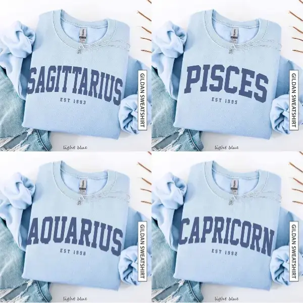 (Leave A Note or DM to Shop) (Ver 3) Custom Zodiac Sweatshirt – Light Blue Color, Custom Year-Est Your Year Astrology Pullover, Cute Horoscope Energy Gift, Unisex Crewneck Sweatshirt, Birthday Zodiac Sign Outfit