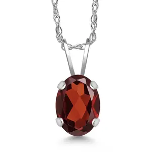 Gem Stone King 0.87 Ct Oval Red Garnet 14K White Gold Pendant with Chain