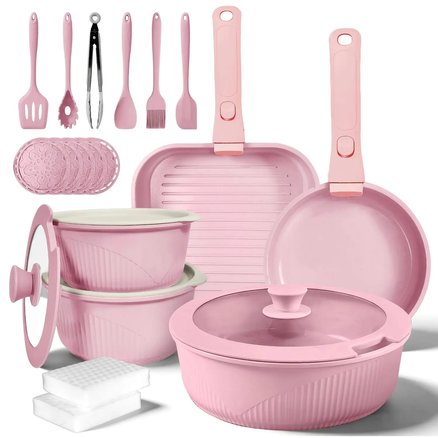 Redchef Ceramic Induction-Safe Non-Stick Cookware (24pcs/7pcs/5pcs Varied Sizes, Multiple Sets) - Stackable Kitchen Collection with Removable Handles, Skillet, Frying Pan, Soup Pot, Steak Pan, Easy to Clean, Multi-Color for Home Use