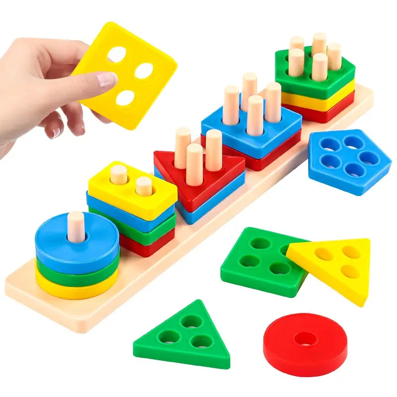 Wooden Montessori Geometric Stacking Blocks for Kids, Early Learning Toy, Colorful Activity Board, Fun Interactive Educational Tool, Building Blocks, Shape Sorter