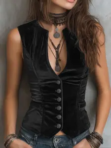 Women's Fashion Vintage Solid Color Single Button Short Slim Fit Velvet Vest, Elegant Commute Casual Wear, Fall & Winter