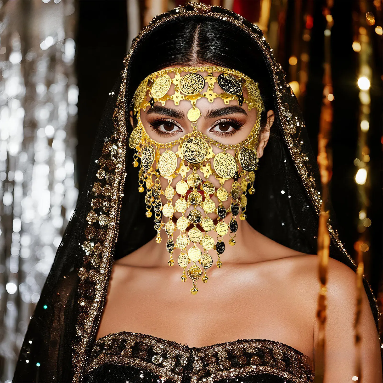 OIDEA Bohemian Coin Tassel Face Veil - Retro Vintage Gold-Tone Alloy Mask, Lightweight Adjustable Halloween Festive Party Accessory for Belly Dancers
