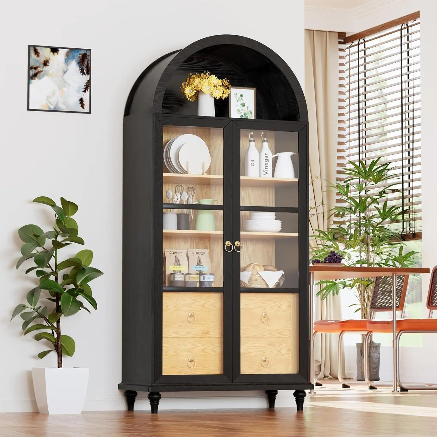 Furmax 71-in Modern Arched Kitchen Pantry - Black Sideboard with Storage, 2 Large Drawers, Adjustable Shelves, Apartment Furniture for Kitchen, Dining Room, Studio Apartment