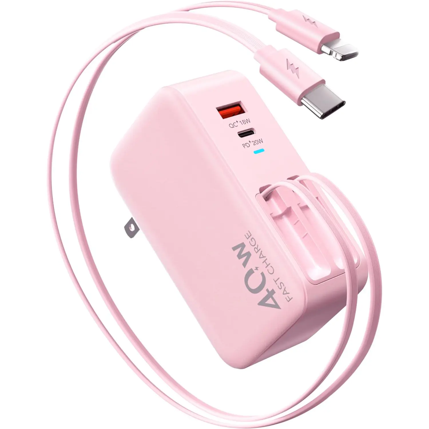 4-in-1 Retractable Wall Charger with Dual USB Ports and 90cm Lightening and Type-C Cables, 40W Fast Charging Foldable Block Compatible with ipad,iPhone 16/15, airpods,Galaxy, Pixel, and More