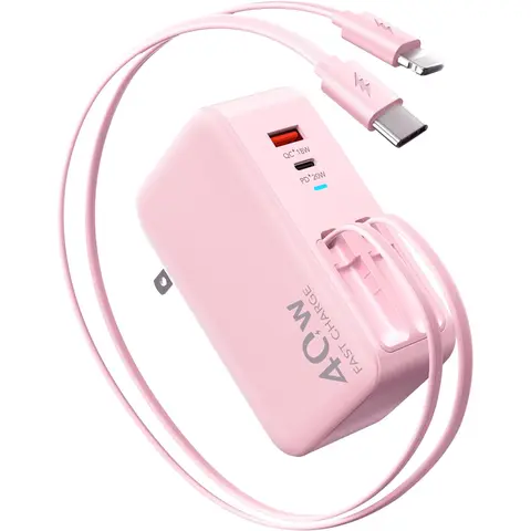 4-in-1 Foldable Portable Retractable Wall Charger Plug - 40W Fast Charging, Durable Polymer Shell, Dual USB Ports, 90cm Lightning+Type-C Connectors, Universal Compatible Chargers, Fold-Flat Travel, for iPhone/iPad/Galaxy, AirPods, Pixel Cellphones