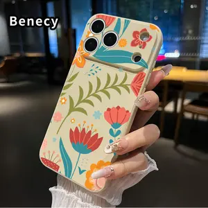 Straight Edge Phone Case for iPhone 17 15 16 14 Pro Max 13 12 11 XR XS Plus Air E Floral Delight Pattern Pocket-Friendly Shockproof Liquid Silicone Protective Soft Smartphone Casing