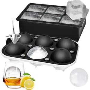 Ice Cube Trays Set of 2 - Sphere Ice Ball Maker with Lid & Large Square Ice Cube Maker for Whiskey, Cocktails, Homemade - Keep Drinks Chilled, Black