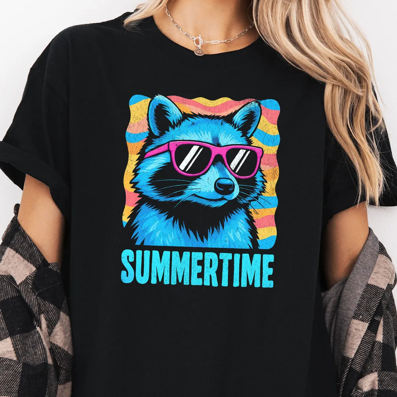 Summertime Raccoon DTF Graphic Printed T-shirt, Fun Neon Graphic Tees, Unisex Apparel, Relaxed Fit, Soft Print