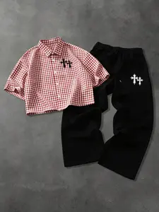 Men's Short Sleeve Gingham Shirt and Casual Long Pants Set, Perfect for Daily, Friend Gatherings, and Relaxing Weekends