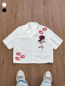 Men's Rose Lip Print Floral Short Sleeve Shirt, Romantic Valentine's Day Cardigan, Lightweight Breathable Casual Shirt for Dates and Daily Wear