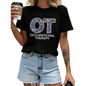Large OT Letter Filled With Occupational Therapy Icons Occupational Therapy Text Graphic Tee For Women, Cute Purple Rehab Symbol OT Therapist Casual Short Sleeve Shirt, OT Grad Practitioner Daily Outfit