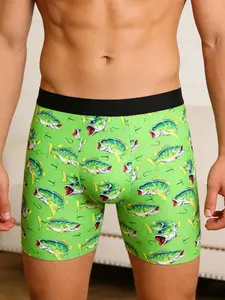 Men's Fishing Bass Print Briefs, Outdoor Fishing Enthusiasts' Comfortable Soft Underwear, Lightweight Elastic Sports Casual Fitted Men's Boxer Shorts