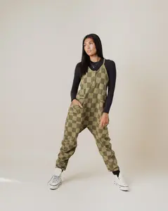 Women's Olive Mono Check Tank Romper - Comfortable and Stylish - Adjustable