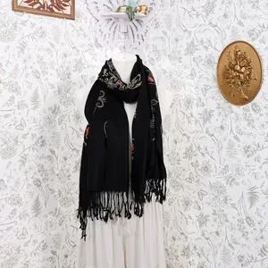 Embroidered Fall Winter Pashmina Feel Scarfs, Long Floral Boho Stole with Tassel Fringe, Warm Shawls,  Dressy Witchy Bridesmaid  Soft Wraps