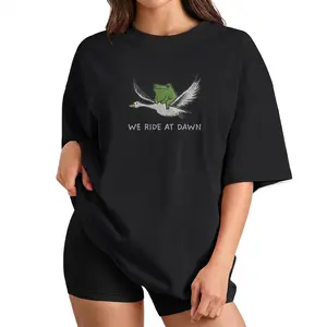 Funny Graphic Tee Women We Ride At Dawn Meme Top Whimsical Frog riding Goose Humor Shirt plusized S-6XL_KT0177