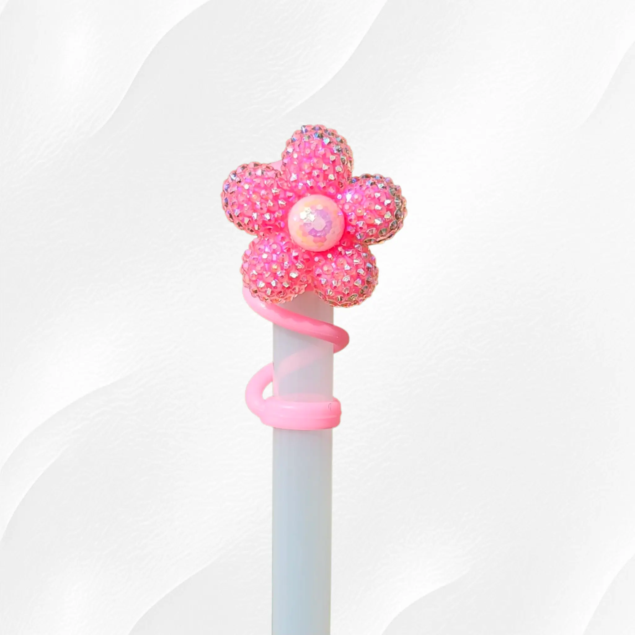 Bling Glitter Flower Silicone Straw Topper  - Barbie Pink