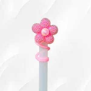 Bling Glitter Flower Silicone Straw Topper  - Barbie Pink