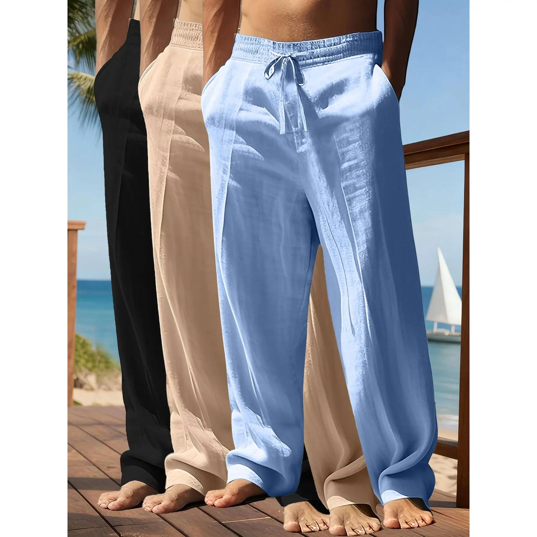 S-6XL Men Three Pack Breathable Cotton Linen Trousers Casual Loose Wide Leg Daily Wear Pants