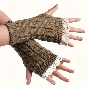 Women's Knitted Cable Lace Fingerless Gloves - Acrylic, Striped Pattern, Hand Washable, Non-Stretch, Decorative for Going Out - 1 Pair