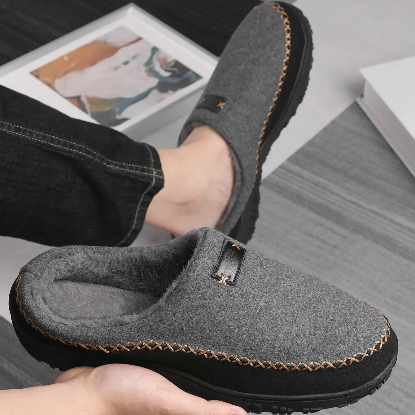 SHOESLOCKER Men's Soft Knit Moccasin Slippers with Warm Sherpa Lining and Memory Foam, Anti-Slip Rubber Sole for Indoor Outdoor Walking