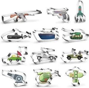 Military Theme Cookie Cutters Set, 12PCS Metal Army Vehicle Equipment Weapon Cookie Cutter Molds, Guns Tank Missle Fighter Helicopter Submarine Shaped Biscuit Fondant Molds, DIY Bread Cutter for Kids