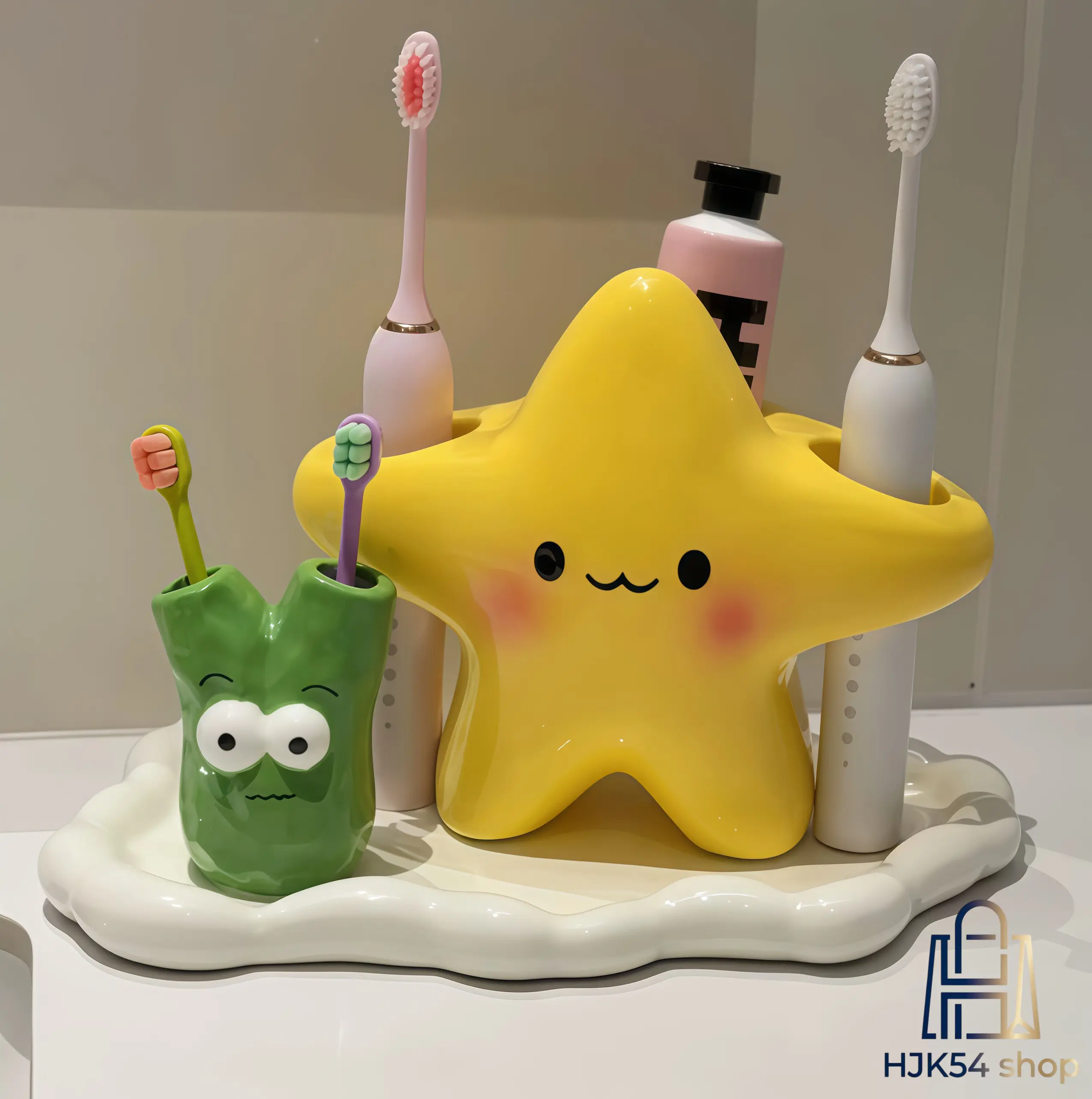 4PCS Decorative Kawaii Ceramic Toothbrush Holder Set - Cute Smiling Star Design, 2-Hole Multifunctional Vanity Stand for Durable Toothbrush and Toothpaste Storage, Four Pieces