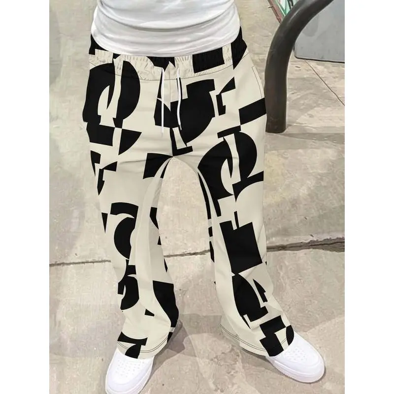 Men's Loose Fit Flare Leg Pants, Casual Streetwear Joggers, Vintage Hip Hop Long Trousers, 3D Print Design, Sporty Fashion Men's Loose Fit Flare Leg Pants, Casual Streetwear Joggers, Vintage Hip Hop Long Trousers, 3D Print Design, Sporty Fashion