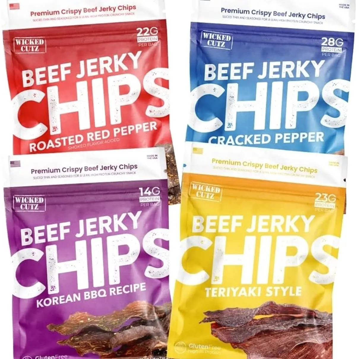 Wicked Cutz Jerky Chips Variety Pack, Up to 28g Protein Per Bag, Cracked Pepper, Teriyaki, Roasted Red Pepper, & Korean BBQ Flavored Beef Jerky Crisps, USA Made High Protein Carnivore Snacks (4 Bags)