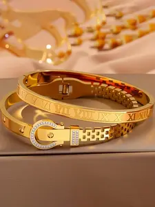 Camhanno 2pcs Stainless Steel Roman Numeral Bracelet, Classic Milanese Mesh Watch Band, Tarnish Resistant, Waterproof, Adjustable Wrist Jewelry