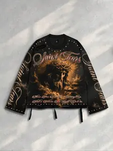 Men's Vintage Street Casual Style Saint Print Long Sleeve Round Neck T-Shirt, Loose-Fitting Short Fit, Fall 2000s Fashion, Streetwear