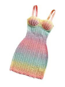 Women's One-Piece Fashion Dress, Summer Beach Dress with Beaded Chest, Colorblock Design, Sexy Short Dress for Vacation