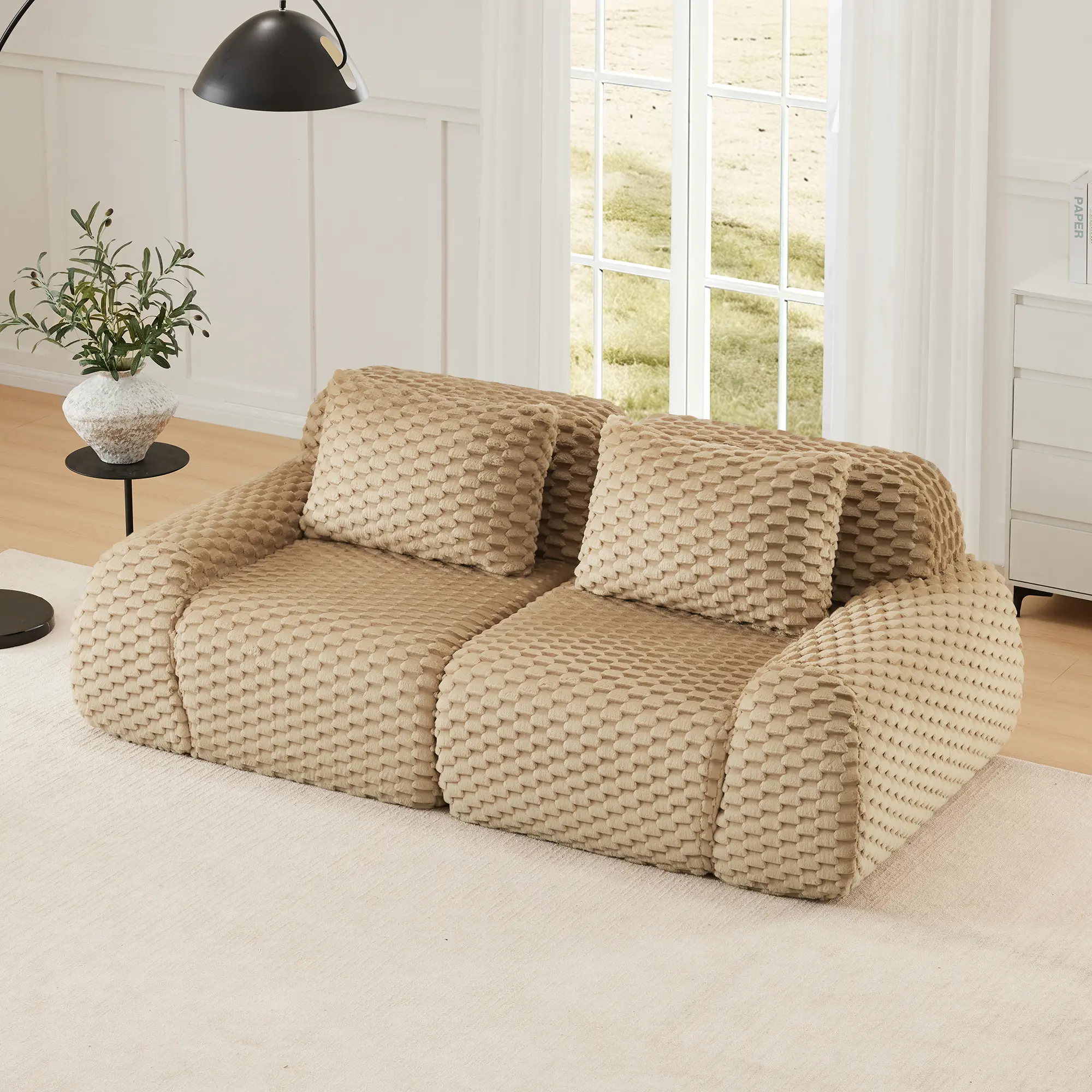 82-inch Modern Modular Sectional Sofa - Fully Assembled Oversized Boneless Couch with Sturdy Flannelette Fabric, Deep Seat, Durable Buckle Grip, Anti-Slip Base, Cushion for Living Rooms (Black, Cream Options)