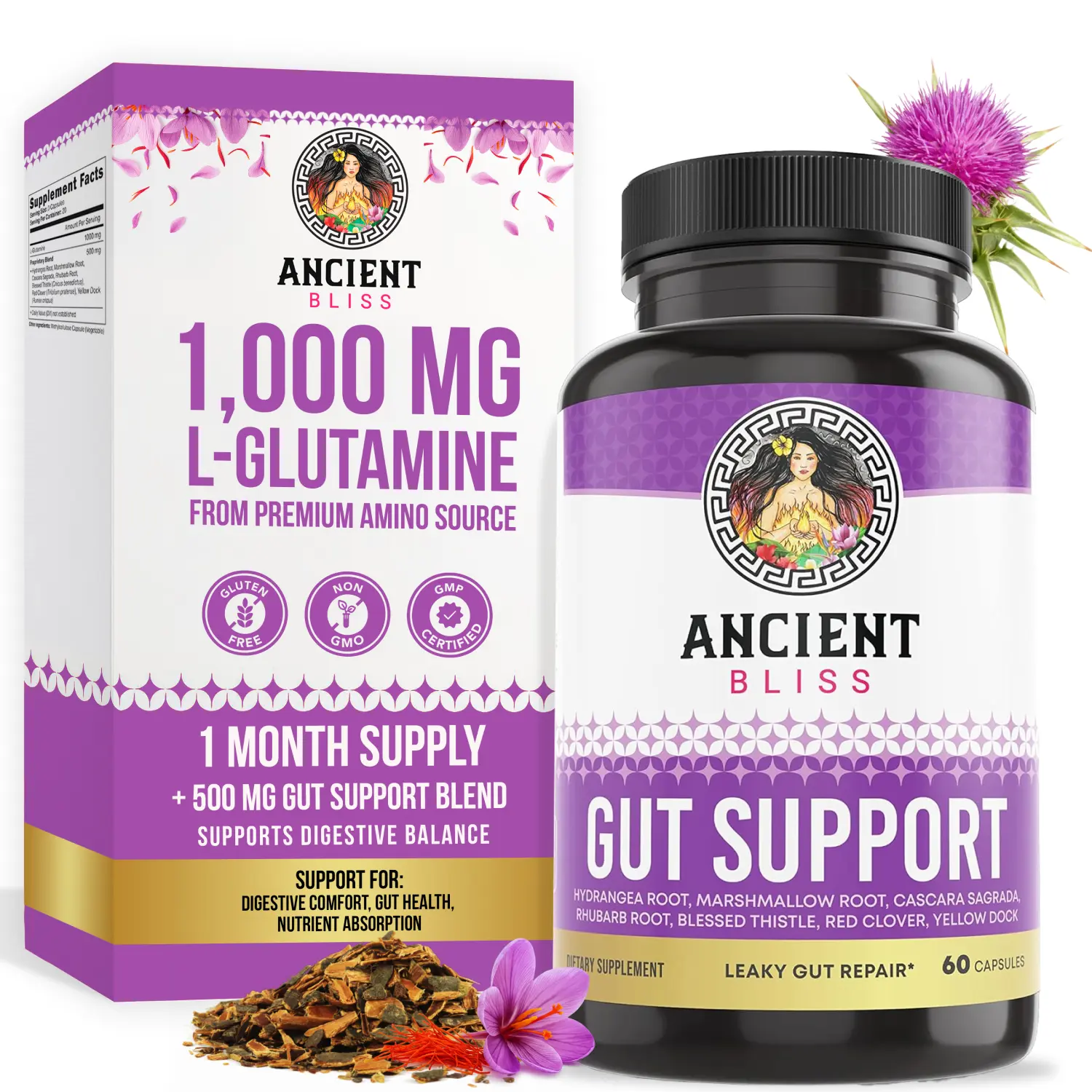 Ancient Bliss Natural Edible Dietary Supplement - 60 Capsules with L-Glutamine, Proprietary Herbal Blend for Leaky Gut Repair, Daily Gut Balance, Health and Wellness, Daily Supplemental Nutrition Support, Marshmallow Root, Blessed Thistle